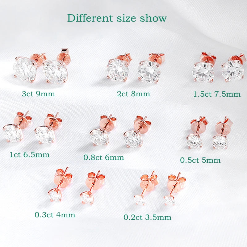 0.2–3CT Rose Gold/Sliver/Gold Moissanite Stud Earrings Jewellery for Women